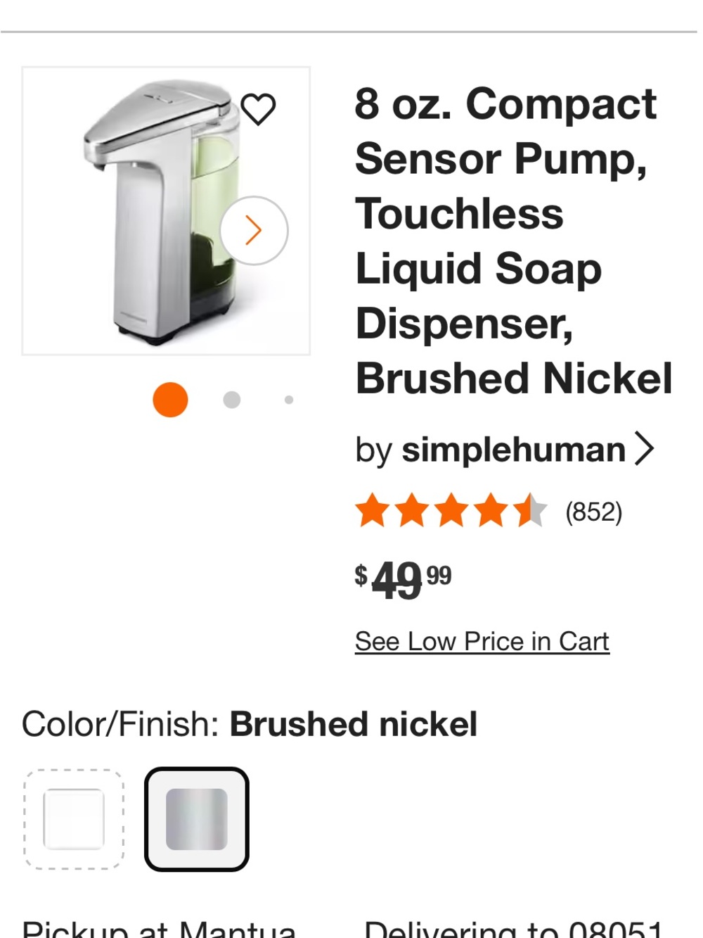 simplehuman Brushed Nickel Touchless 8 oz. Sensor Soap Dispenser